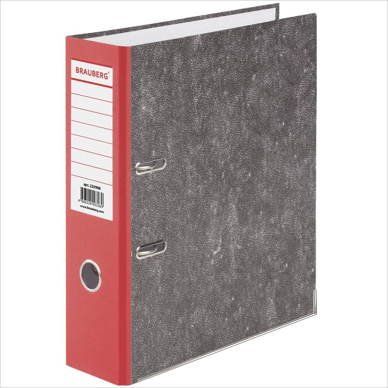 Регистратор картон Brauberg Стандарт, 8см, красный корешок, металлическая окантовка, мрамор