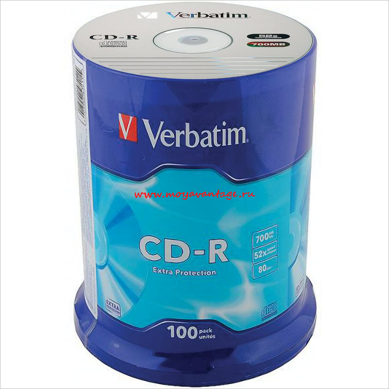 Диск CD-R 700Mb, 52x, 100шт, Cake Box, Verbatim