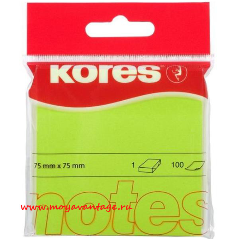 Бумага для заметок с липким слоем 75х75, зеленый, 100л, Kores