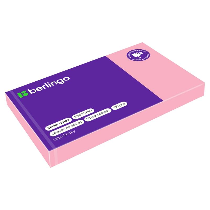Бумага для заметок с липким слоем 75х125, розовый 100л, Berlingo Ultra Sticky LSn_39303