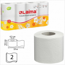 Туалетная бумага 2-слойная Laima, 8шт/уп, белая