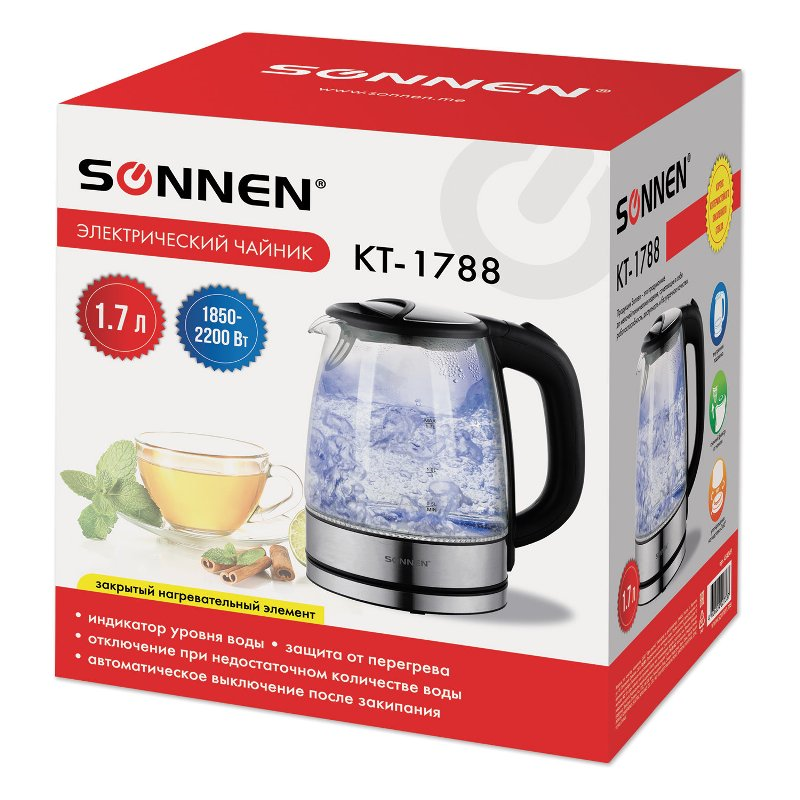 Чайник Sonnen KT-201, дисковый, 1,7 литра, 2200Вт, стекло