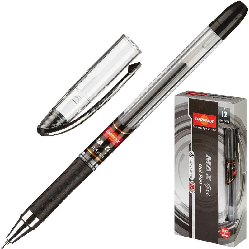 Ручка гелевая Unimax Max Gel 0,5 мм, игольчатый пишущий узел, резиновый упор, черный