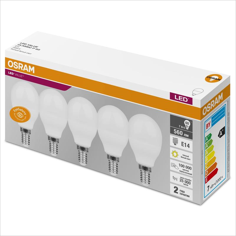 Лампа светодиодная Osram 7Вт, E14, шар, теплый белый свет, 5 шт/уп.