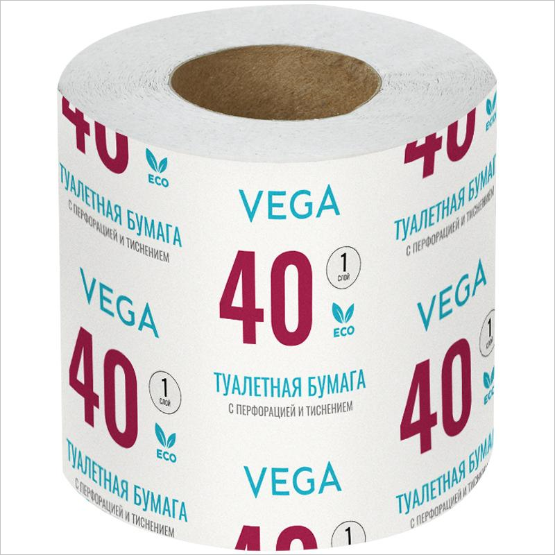 Туалетная бумага 1-слойная Vega, 40м, белый, 48 шт/уп.