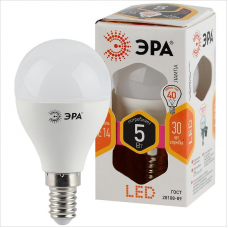 Лампа светодиодная ЭРА 5Вт (45Вт), E14, шар, теплый белый свет