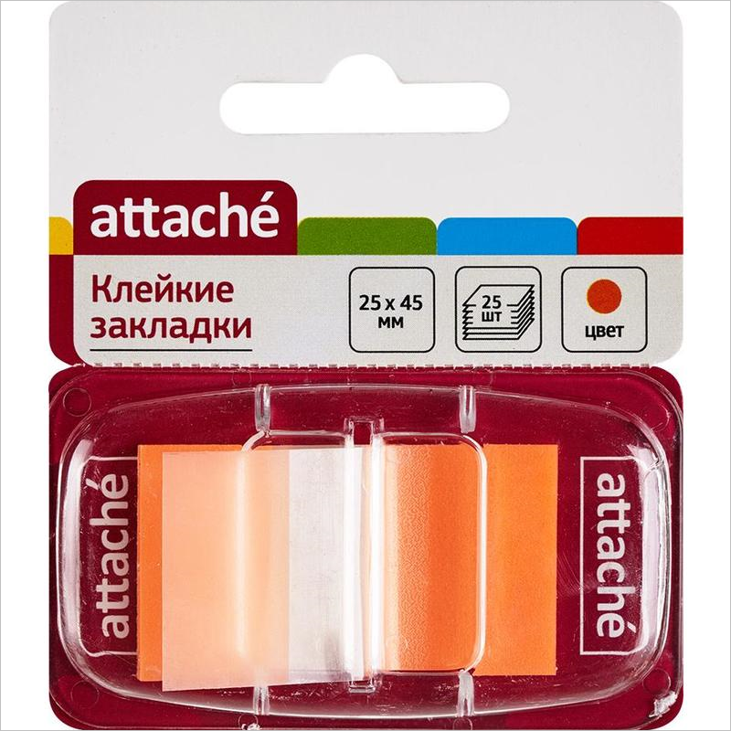 Ярлычки-закладки, Attache, пластик, 25х45мм, 25л, оранжевый, пластиковый диспенсер