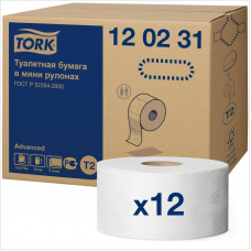 Туалетная бумага д/диспенсеров, рулонная, 2-сл. Tork Advanced MiniТ2 120231, 170м, 12шт/уп, белая