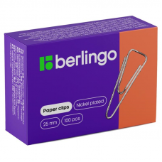 Скрепки Berlingo BK2510n 25 мм, 100 шт/уп, треугольные, никелированные, отогнутый носик