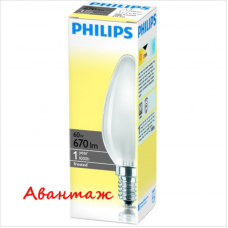 Лампа накаливания Philips 60Вт E14, свеча, матовая, 1000ч, теплый белый свет