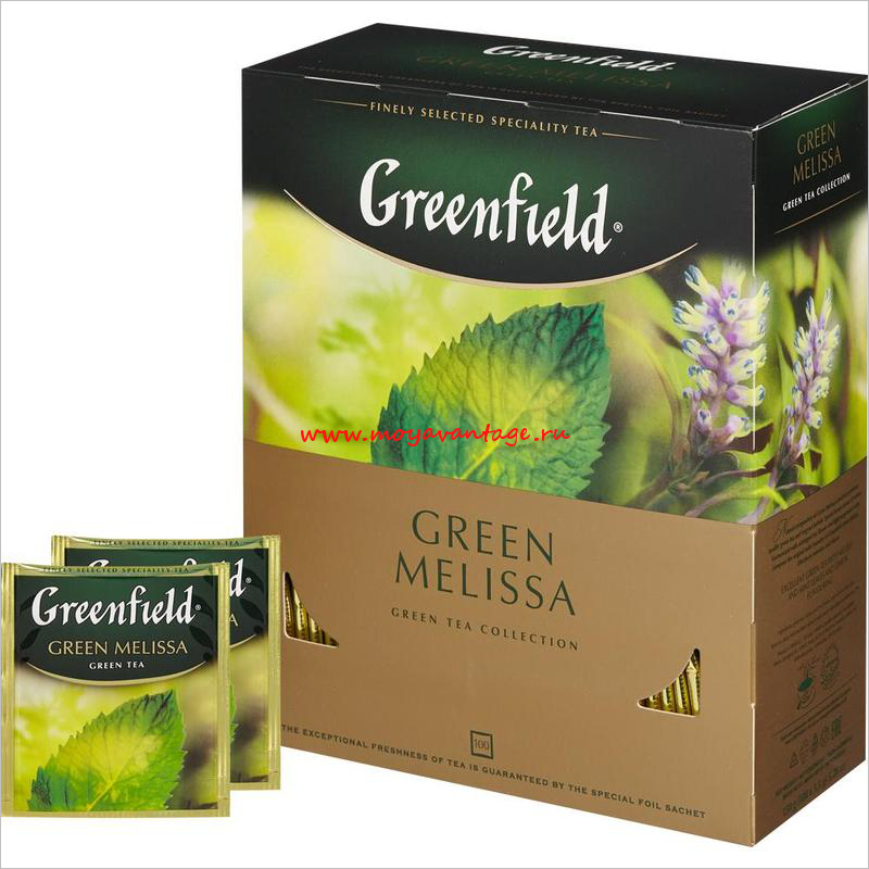Виды чая greenfield. Чай Greenfield Green Melissa зеленый 100 пакетиков. Чай зеленый Greenfield Green Melissa.
